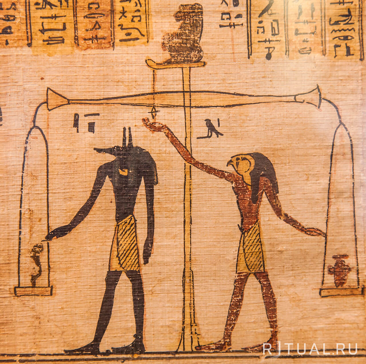 Изображение того, как сердце умершего взвешивают на специальных весах Фрагмент древней Книги Мертвых (1070 г. до н.э.), Фивы - Египет
