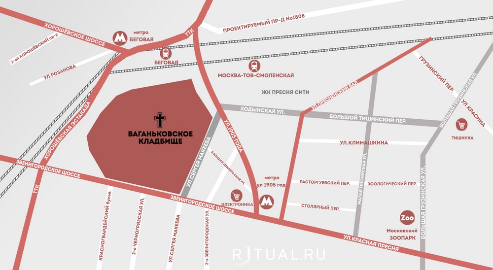 Ваганьковское кладбище на карте